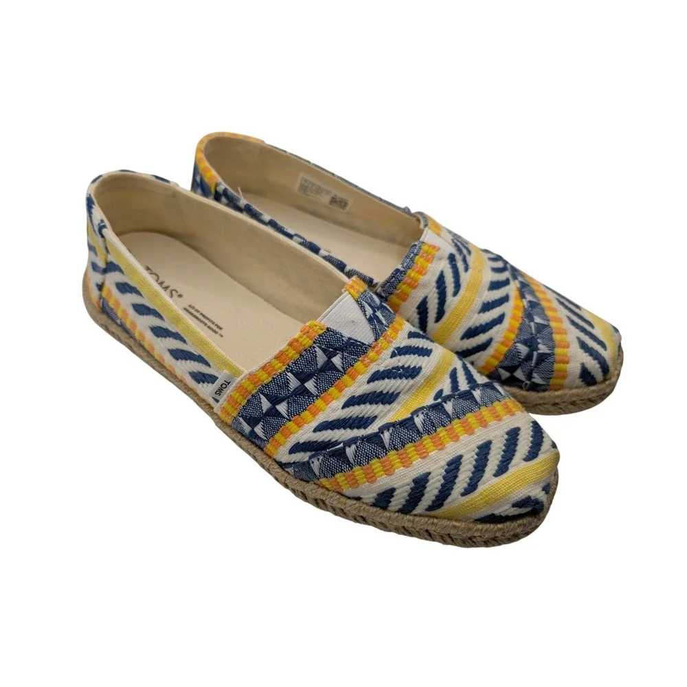 TOMS Espadrille Flats Blue Yellow Woven Geometric Alpargata - 7